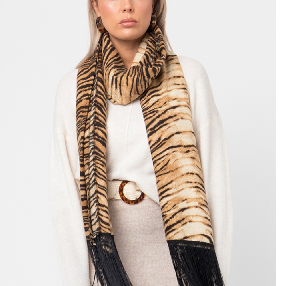 PIA ROSSINI tiger striped scarf with black fringes